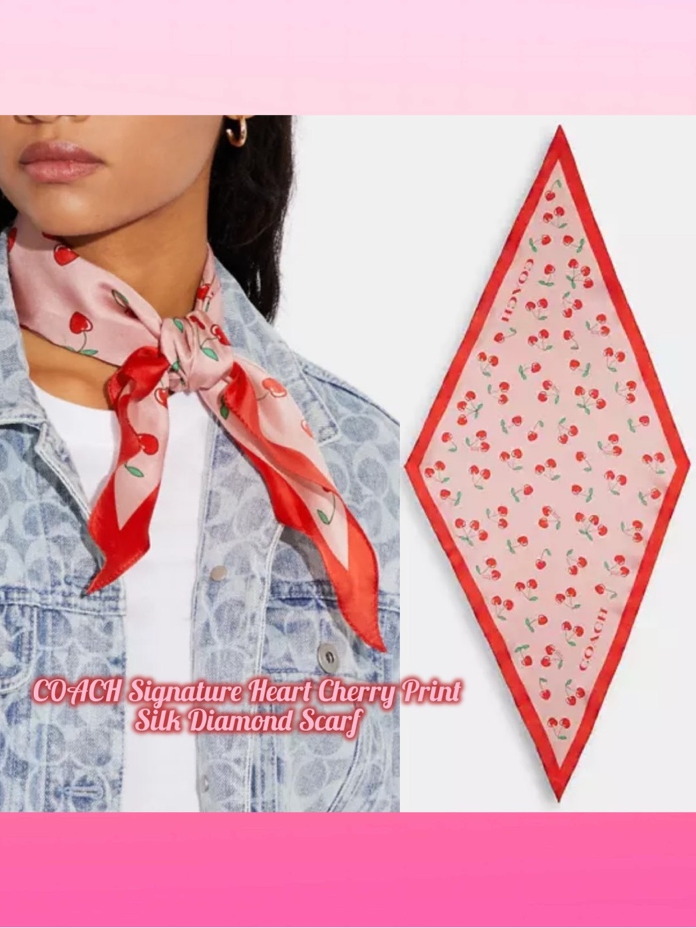 Coach Pink Red Silk Diamond Scarf with Heart Cherry Print CE481